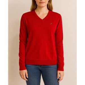 Tommy Hilfiger Red V-Neck Sweater  Size Large – 100% Cotton Classic Logo Knit